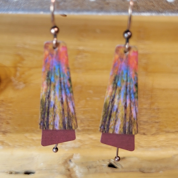 DC Designs NWT Handcrafted Copper Earrings Pierced Autumn Red Trees Nature Print - Picture 3 of 8